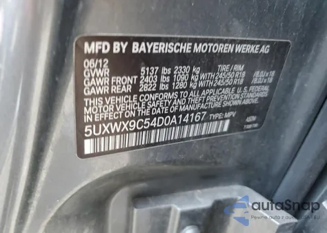 2013 BMW X3 xDrive28I from USA, damaged, VIN 5UXWX9C54D0A14167